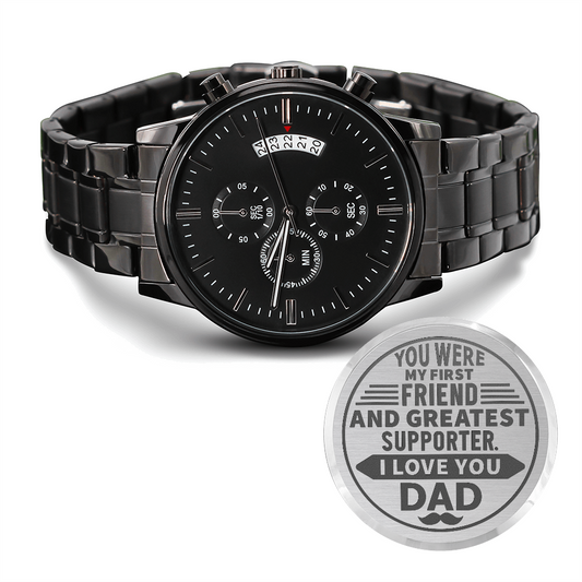 Heart of Time - Black Chronograph Engraved Watch - Dad My First Friend