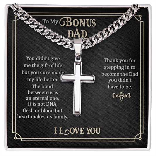 HeartStrings - Cuban Link Chain with Artisan Cross - To My Bonus Dad